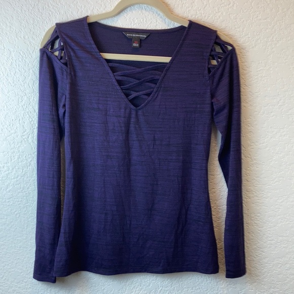 🌞Rock & Republic Heather Purple V Neck Crisscross Detail Long Sleeve Shirt A-75 - Picture 1 of 7